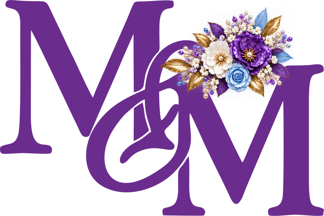 Mustapha and Maryam monogram: the letters M and M with purple and blue flowers